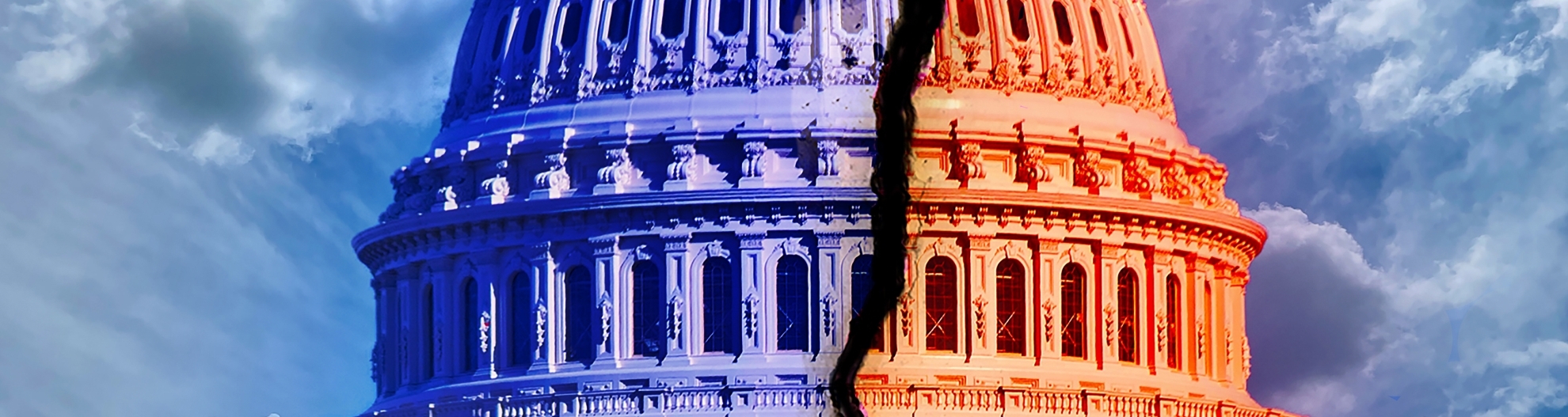 image of the U.S. Capitol that half blue and half red with a break in the middle