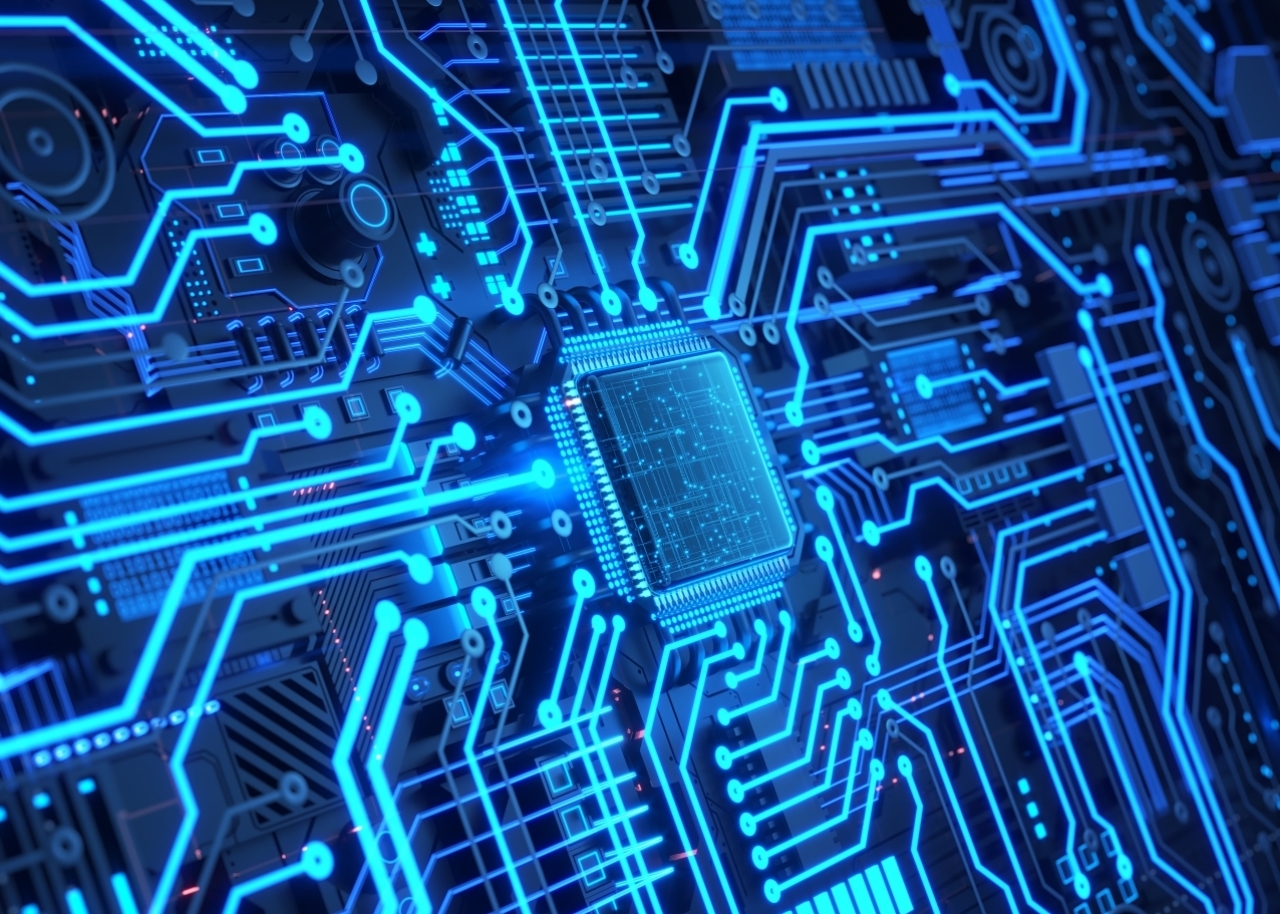Futuristic mechanical circuit board with a digital data flowing